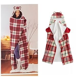 Homespun Red Plaid Preppy Cozy Faux Sherpa Fleece Wearable Hooded Throw Blanket